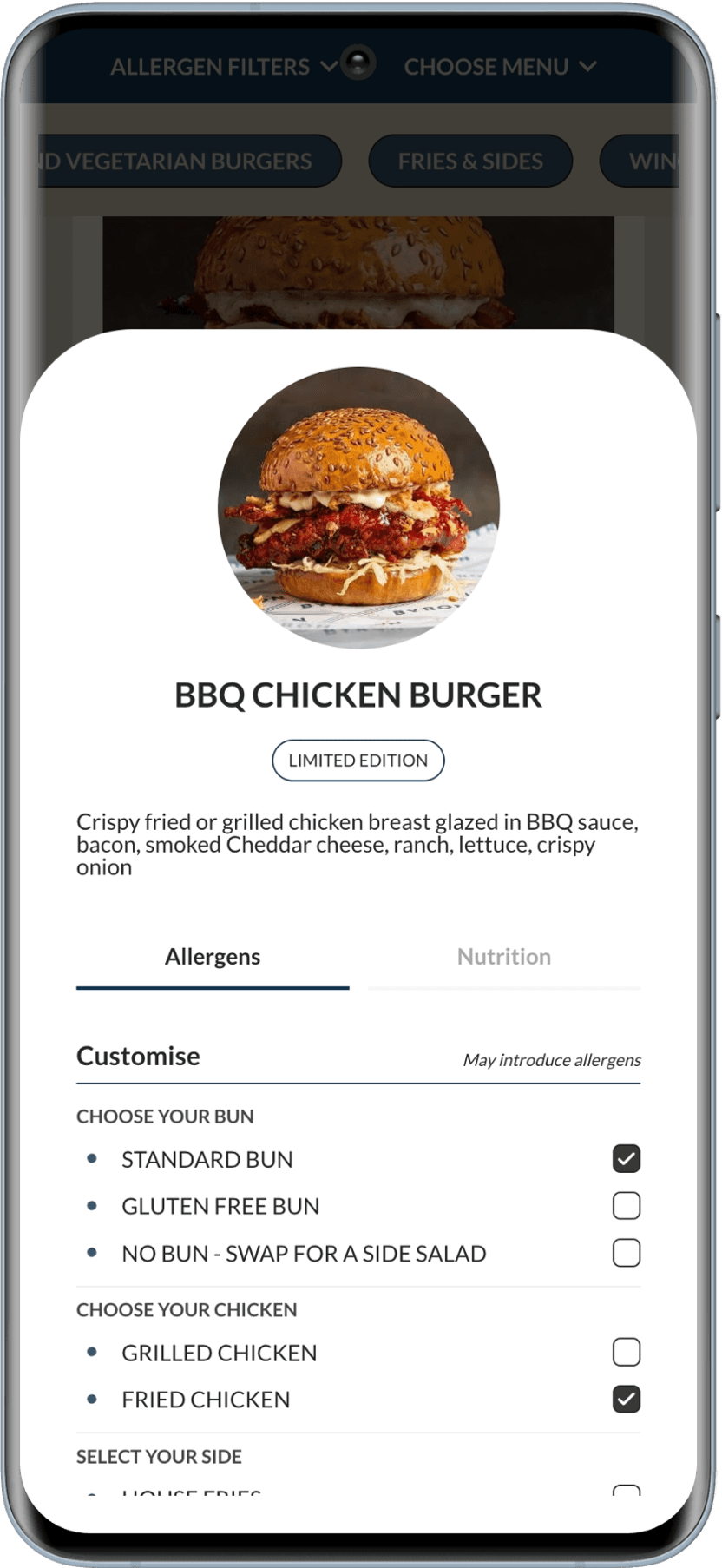 Byron burger detail and allergen information on a phone