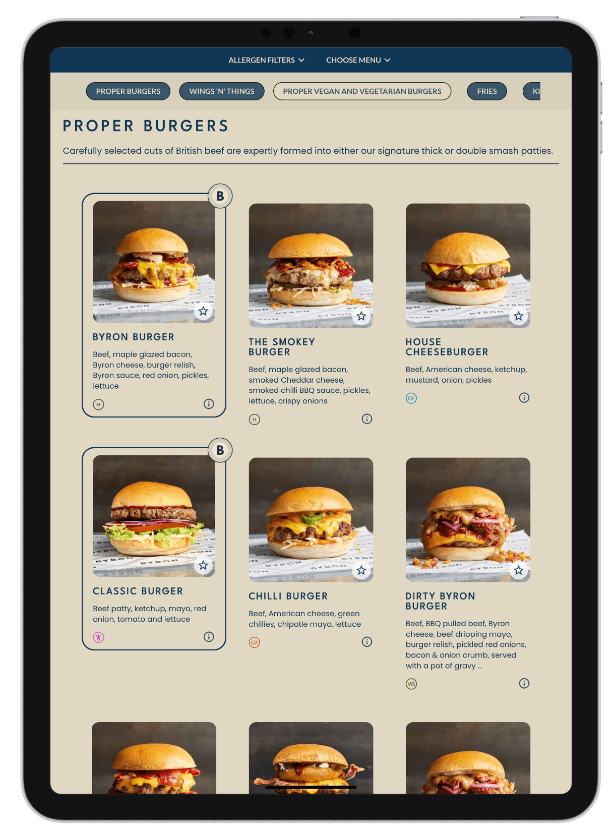 Byron burger menu on a framed iPad