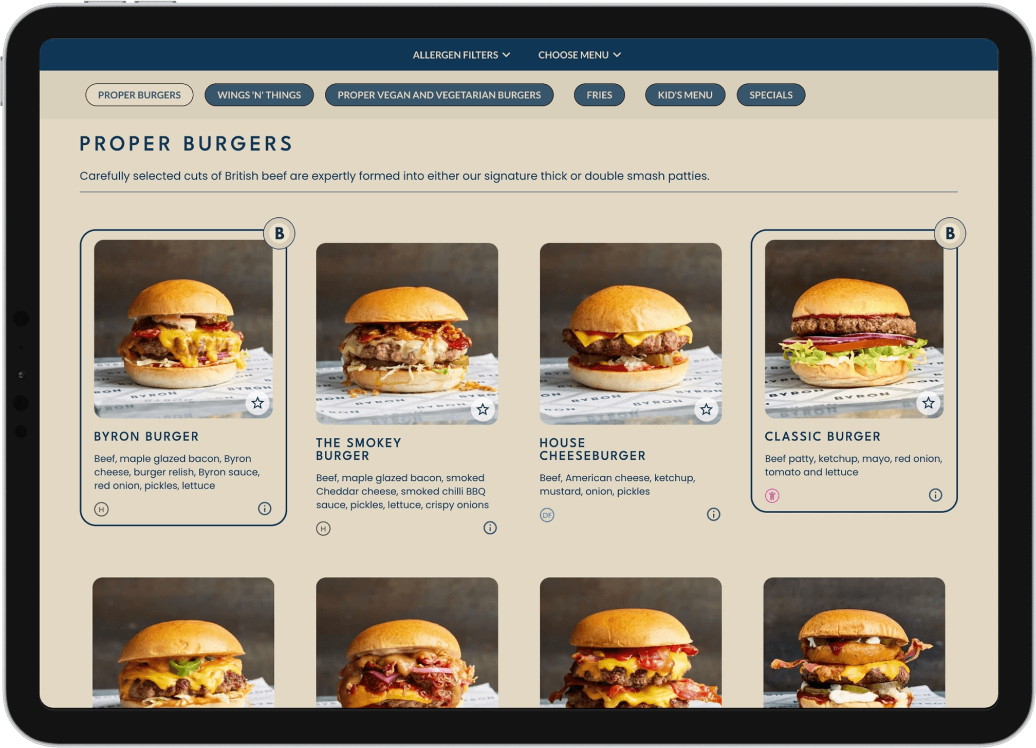 Byron burger menu on a landscape tablet