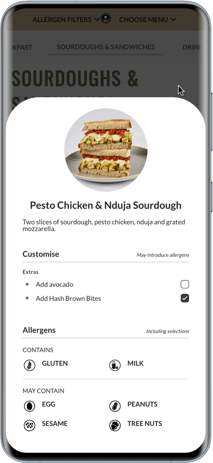 Esquires dish detail and allergen information on a phone