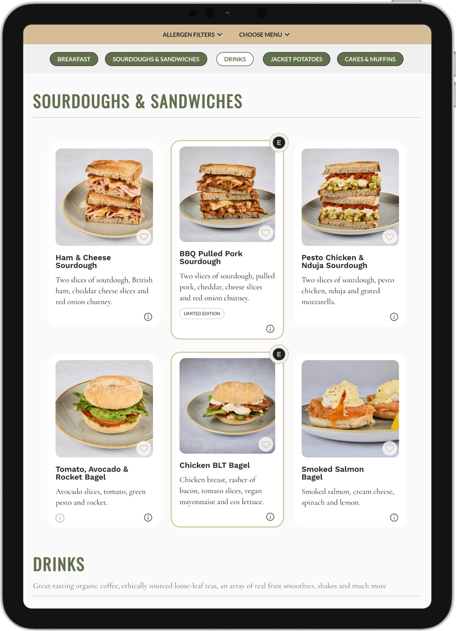Esquires sandwich menu grid on an iPad